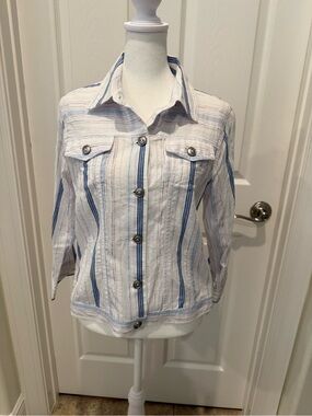 Striped Button-Front Women's Shirt Jacket in White and Blue by Ruby Rd. 10p